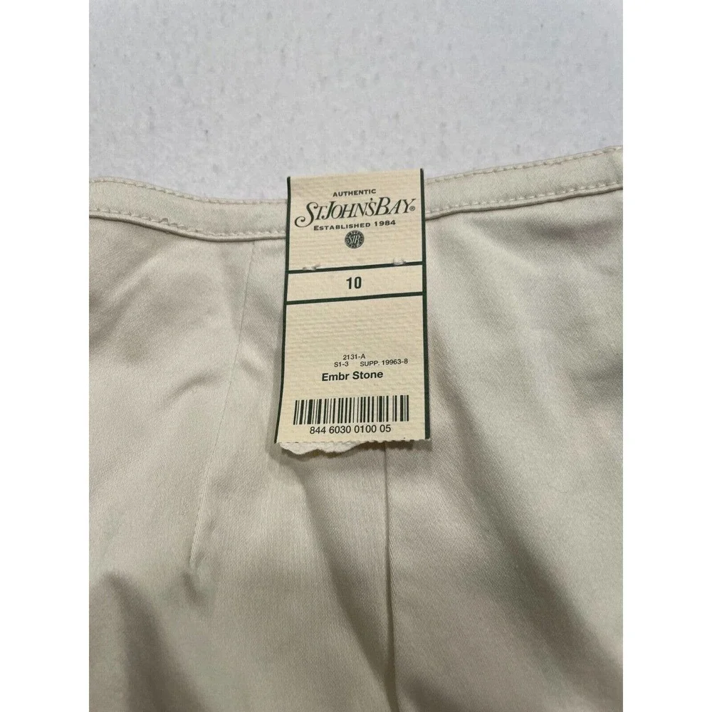 St John's Bay Size 10 Women Embroidered Capri Pants High Rise Side Zip Beige NWT